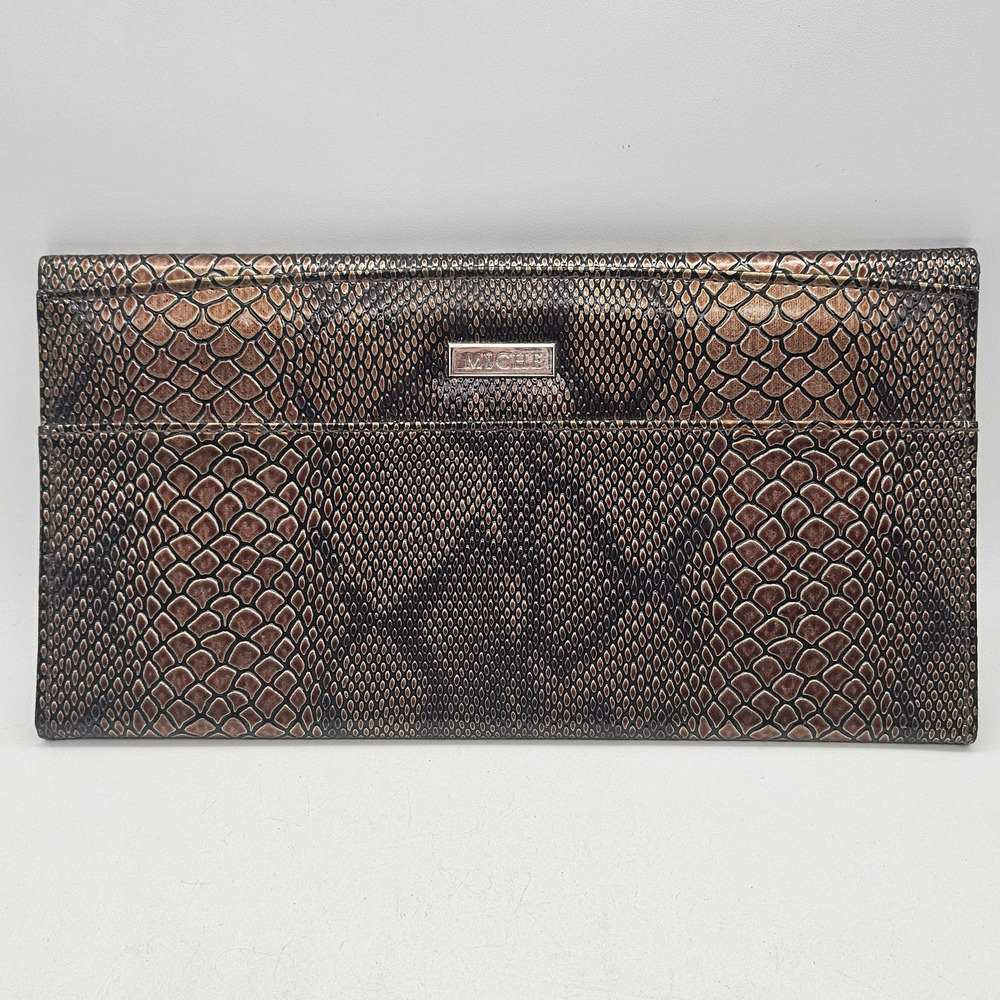 Miche Jen Shell Clutch Snake Print Faux Leather Bronze Brown Magnetic Closure
